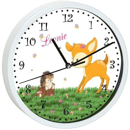 CreaDesign, Wanduhr für Kinderzimmer REH, Kinderuhr weiß mit Quarz Uhrwerk, personalisiert mit Name, Durchmesser 19,5 cm