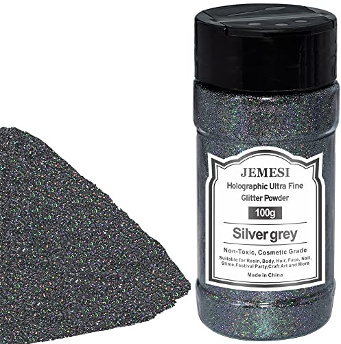 Glitterpulver, JEMESI silvergrått fint glitter, holografiskt glitterpulver, glitterpulver för epoxiharts, spik, gjutning, kroppskonst och dekoration – 100 g