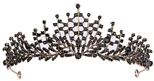 Women Black Crystal Crown Queen Tiara Princess Girls Elf Headband Gift for Costume Wedding Bride Bridesmaid Carnival Headdress Fancy Dress Prom Birthday Hen Party Pageant Halloween Baroque Jewelry