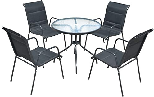 Gecheer 5-TLG. Garten Essgruppe Rund, Sitzgruppe 4+1, Gartentisch & 4 Stapelbare Stühle, Gartenmöbel Set Stahl Schwarz