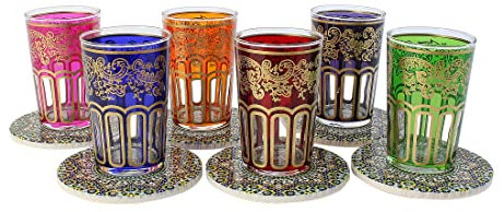 6 verres à thé marocains multicolores avec 6 dessous de verre en mosaïque en céramique Beau design classique (MTC2)