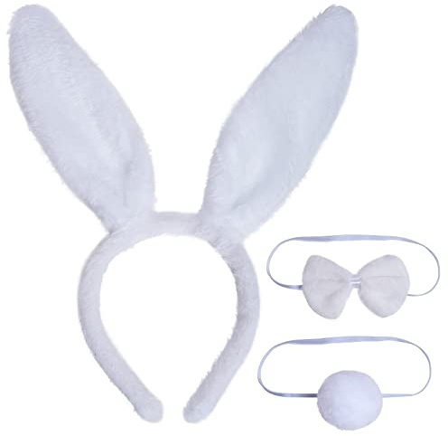 baotongle Diadema de orejas de conejo, diadema, conejo, conejo, de peluche, para Pascua, carnaval, fiesta, disfraz, decoración, color blanco