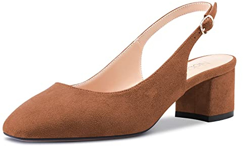 NobleOnly Mujer Chunky Ancho Medio Heel Cuadrada Punta Sandalias Correa Tobillo Slingback Slip-on Pumps Dress Zapatos Marrón 41 EU