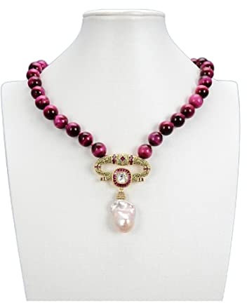 Sudemota Collares Joyería Natural Suave Redondo Fucsia Tigres Ojo Collar Cubic Zirconia pavimentado Rosa Keshi Perla Colgante for Mujeres Cumplir