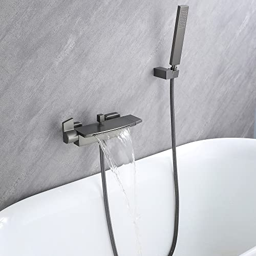 Badewannenarmatur Wasserfall Armatur Badewanne Mischbatterie mit Brause Wannenarmatur,Wannenarmatur Wasserfall,Armatur Badewanne Set, Messing badewannenarmaturen (grau)