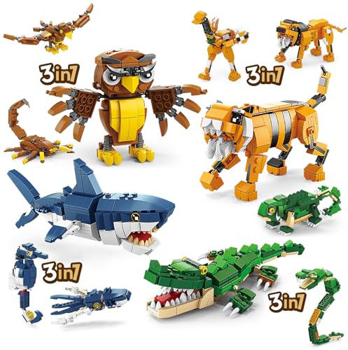 HIGH GODO 3 in 1 Mini Tiere Klemmbausteine,1084 Stück 12 Arten Tierwelt Tierfiguren Modell Kreatives Weihnachten Geburtstagsgeschenk für Junge Menschen