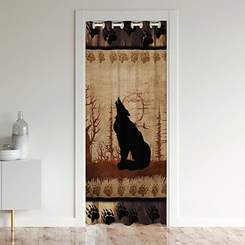 Cute Wolf Türvorhang 86x203cm für Tür Privatsphäre Mädchen Jungs Wölfe Howling Zimmer Vorhang Zimmer Tier Wölfe Baum Muster Schrank Vorhang für Innentür Raumteiler Exotisch Stil Braun Schwarz Vorhang