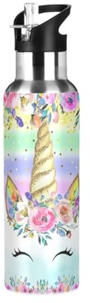 Unicorn Pink Water Bottle for Girls Kids Stainless Steel Drink Flask Straw Vacuum Insulated Leakproof for Sports 600 ml