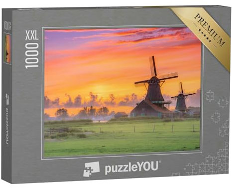 Puzzle 1000 Teile XXL „Windmühlen im Sonnenuntergang, Niederlande“ – aus der Puzzle-Kollektion Windmühlen
