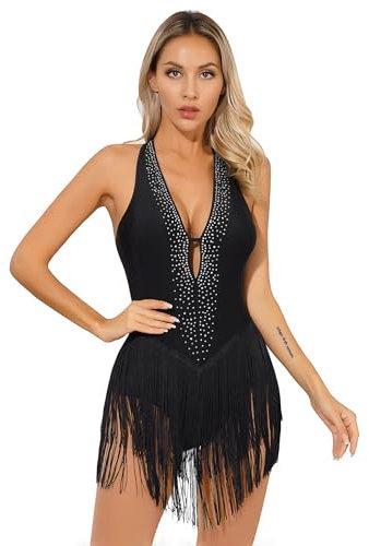TTAO Damen Pailletten Tanz-Body Ballettbody Ärmellos Glitzer Gymnastikbody Ballett Trikot Leotard Latein Overalls Turnanzug Ballettanzug Schwarz G S