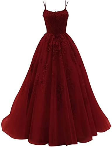 Sincemeet Abito da Ballo da Donna in Tulle con Spalline Sottili Ballo Lunghi con Applicazioni in Pizzo Abiti Quinceanera