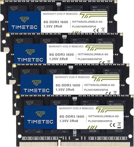 Timetec 32GB Kit(4x8GB) DDR3 1600MHz PC3-12800 sin búfer 1,35V/1,5V CL11 2Rx8 Dual Rang 204 Pines SODIMM Ordenador portátil PC PC Ordenador RAM módulo actualización