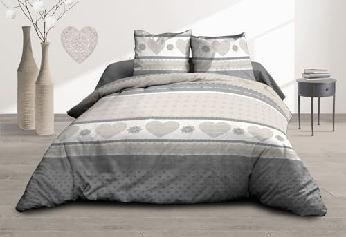 Le Linge de Jules Parure Drap Plat + Drap-Housse 160x200 + 2 T - Pur Coton 57 Fils - Coeurs Gris
