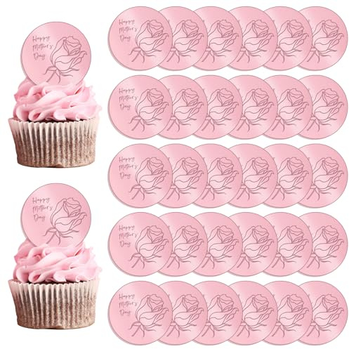 URROMA Rose Golden Round Mother's Day Acrylic Cake Topper, 30 Pcs Happy Mother's Day Cupcake Topper Rose Cake Decoration for Party Bakery DIY Craft