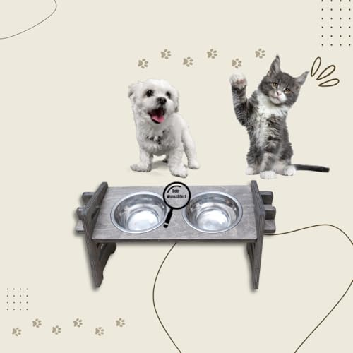 Futterstation in Grau für kleine Hunde & Katzen | PERSONALISIERBAR | Erhöhter Futternapf aus Holz | Fressnapf höhenverstellbar | Hundenapf erhöht | Katzennapf | Futterbar aus Holz