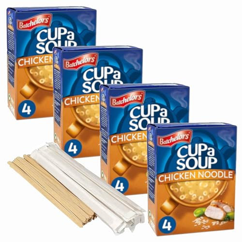 Chicken Noodle Instant Cup Soup - 16 Sachets Bundle - with 4 x Boxes of Delicious Chicken Noodle Cup a Soup - Quick & Easy Comfort Food. Includes 16 x Individually Wrapped Stirrers