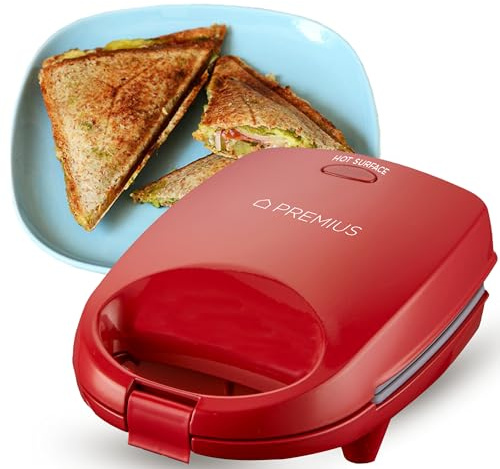 PREMIUS Ceramic NonStick Mini Snack Sandwich Maker, Indicator Light, 5x4.4 Inch Mold, Great for French Toast, Tuna Melt, Egg & Grilled Cheese, Pancake Sandwich, Desserts, Toasties, 520 W (Red)