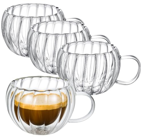 Wilmax - Thermogläser mit Henkel geriffelt - 4er-Set - 300 ml - Doppelwandige Kaffeegläser - Latte Macchiato Gläser Set - Cappuccino Gläser mit Henkel - Teegläser - Trinkgläser - Thermotasse
