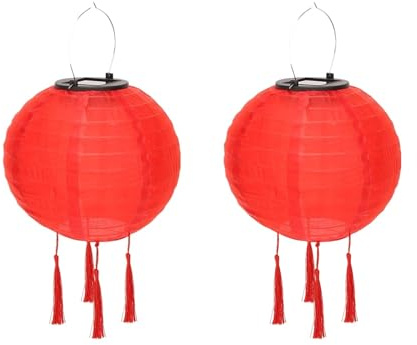 Solar Lampions Außen Wetterfest, Nylon Hänge Laterne (20cm/2pcs/Rot) | Warmweiß, LED Wasserdicht Gartenlaterne, Solarlaterne mit 4 Quaste, Solarlampions für Draußen, Garten, Hof, Hochzeit