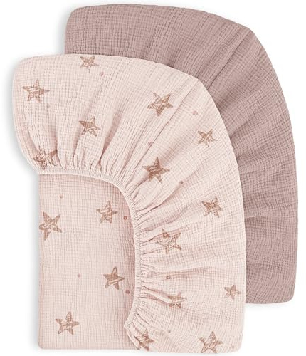 Susurration 100% Baumwolle Musselin-Spannbettlaken 2er Set Kinder Spannbettlaken,Baby-Bettlaken Reisebett Spannlaken Beistellbett Leintücher 60x120/70x140cm (Rosa Star)