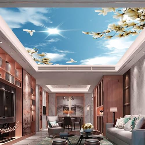 YOZYOOOZ Carta da parati autoadesiva in PVC 3D con soffitto in fiori di pesco e romantico cielo azzurro e nuvole bianche, adatta per la decorazione della camera da letto e del soggiorno.