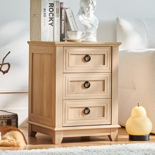LELELINKY 46 cm Nachttisch im Landhausstil mit 3 Schubladen, Beistelltisch Kommode für Schlafzimmer, Natürlich Nachttische, Holz Bett Beistelltisch mit Metallgriff, Nachtschränkchen für Wohnzimmer