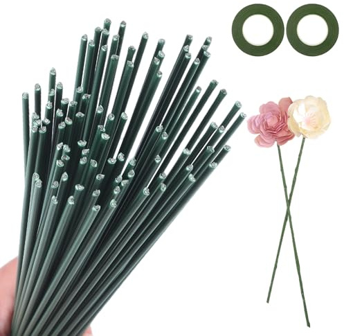 50 blomtråd grön, 2 mm x 30 cm blomstam sticktråd med 2 blomband, tråd för pyssel, för hemlagade kransar, buketter eller annat hantverk