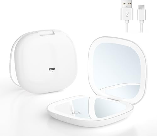 SMTEK Rechargeable Travel Makeup Mirror with Light – 1x/10x Magnifying Compact LED Mirror for Handbag Purse, 2-Side Dimmable Pocket, USB Type-C Charging,10cm Portable Handheld Gift for Women – White