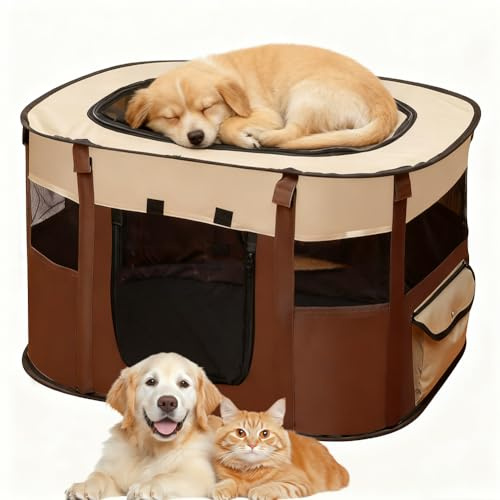 Welpenlaufstall Tierlaufstall,Faltbarer Haustierzaun,welpenauslauf faltbar,Tragbar katzengehege Kennel,70x55x40cm Kleintiergehege,Rechteckiges Zelt für Hunde, Katzen und Kleintiere (Braun)