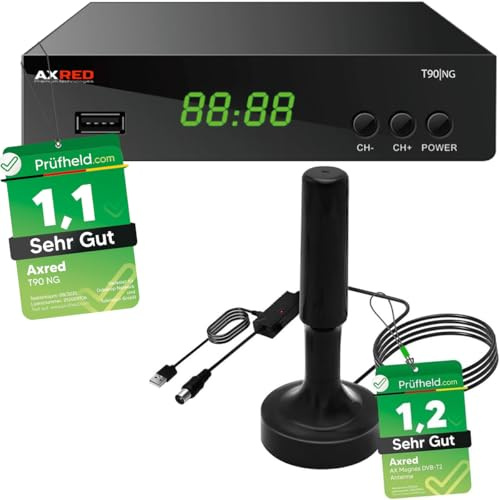 [ Test 2X SEHR GUT *] AXRED T90 HD DVBT2 Receiver + AX Magnes DVB-T/DVB-T2 Antenne mit Verstärker 30dBi für innen außen, mit PVR Aufnahmefunktion, für DVB T2 TV Fernseher Radio DVBT, DVB T Box
