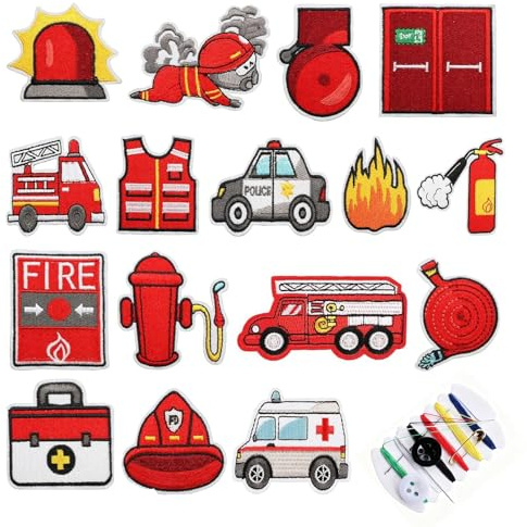 xolear 16 Stück Feuerwehrmotiv Flicken, Aufnäher Kinder zum Aufbügeln | Bügelflicken Kinder Genäht Werden, Gestickte Aufkleber Geeignet für Jacken, Jeanshosen, Rucksäcke und Mützen