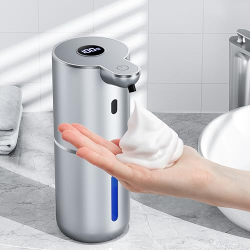 Seifenspender Automatisch mit digitaler Anzeige, Wandmontage, Berührungslos | 380ml, 6-Stufig Einstellbar, 3 Monate Akkulaufzeit, USB Wiederaufladbar, IPX5 Schaumseifenspender für Bad, Küche, Silber