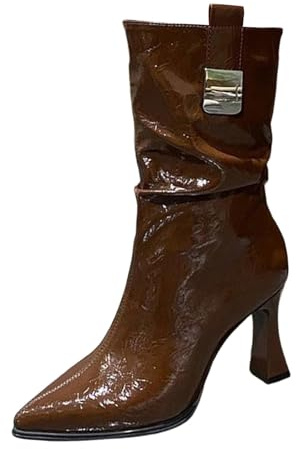 Stövlar dam läder, vinterstövlar dam med klack, eleganta vinterskor spets, tåparti, ankelstövlar, fashionabla damstövlar, bekväma slip-stövlar, slouchy vida stövlar, casual halvstövlar, BRUN, 39 EU