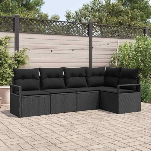 Ziaphsol Garten Loungeset 5-teilig Schwarz, Poly-Rattan Sofa Set, Modular für Terrasse Balkon, UV-beständig, mit Kissen, Outdoor Möbel für 5 Personen, 550 kg
