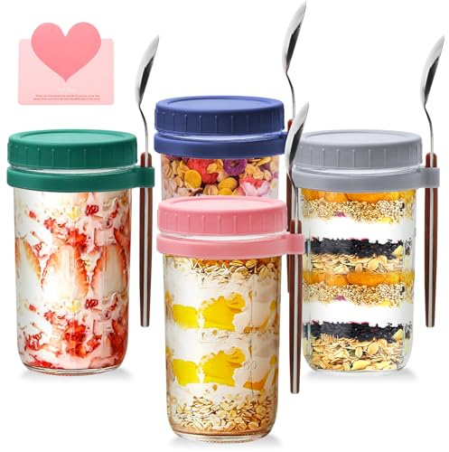 TOSUTO Lot de 4 Bocaux à yaourt Overnight Oats,600ml tasses à céréales en verre à emporter avec couvercle et cuillère,Réutilisable Bol Yaourt a Emporter pour pour les Salades, les Céréales,le Lait