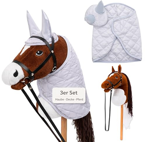 Hoofly Hobby Horse Set – Caballo grande para niños con manta y capucha | Juego completo de caballos Hobby Horsing con brida y varilla de tornillo de 35 cm | Caballo marrón – Accesorios grises