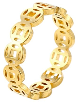 keigtuxh Anillo de moneda china, acero de titanio vintage chapado en oro de 18 quilates para índice/meñique, hipoalergénico, apilable, acero de titanio, Sin gemas