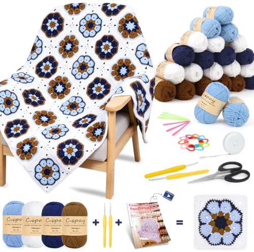 Coopay Granny Square Häkelset für Anfänger Profis, Komplettes Häkelset für Decke Häkeln, Häkel Set mit Häkelgarn, Anleitung, Video-Tutorial, Kreative Häkelnadel Set für Freund Familie - Braun Blau