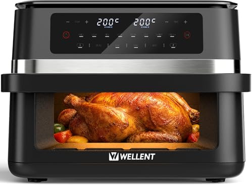 WELLENT 12L XXL Heißluftfritteuse 2950W, 8-in-1 Airfryer 2 Kammern(6+6L), Heissluftfritteuse Doppelkammer mit Sichtfenster, Match & Sync-Funktion, Schüttel-Erinnerung, Spülmaschinenfestmit