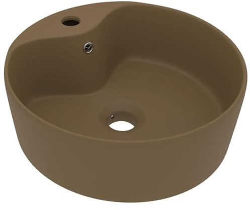 HETFTJN Lavabo da appoggio color crema opaco, 36 x 13 cm, in ceramica, rotondo, con troppopieno e foro per rubinetto, lavabo di lusso per bagno, WC degli ospiti e sala cosmetici