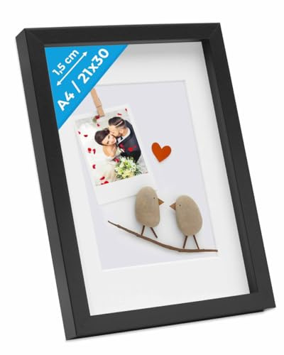 PHOTOLINI 3D Bilderrahmen zum Befüllen 21x30 A4 Schwarz, 1,5 cm tiefer Objektrahmen mit Glas, tiefer Bilderrahmen A4 21x30 Holz MDF mit Passepartout, Dicker 3D Rahmen befüllbar für Gegenstände
