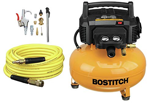 Bostitch 6 Gallon Pancake Air Compressor & 13 Piece Accessory Kit: Air Hose, Blow Gun and Adapter, Blow Chuck, Tire Gauge, Rubber Blow Gun Nozzle, Inflation Needle, and Male Quick Connect Plug