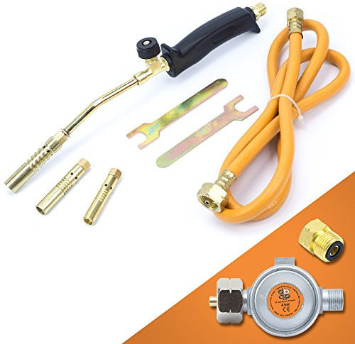 Gasbrenner Handlötset 4 tlg. mit Schlauch (1,5 m), 4 bar, 140 g/h, Brennerdüse 13/14/17mm, Perfekt für Dachpappe, Bitumen, Abflammen & Unkrautvernichtung Gaslötgerät Regelbar Abflammgerät Brenner
