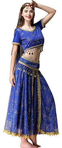 MISI CHAO Belly Dance Costume Bollywood Dress Indian Halloween Chiffon Dance Outfit Costumes with Head Veil for Women(Blue,X-Large)