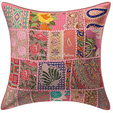 Stylo Culture Bohemio Fundas Almohadones Decorativa 40x40 cm Algodón Abstracto Fundas para Cojines Sofa Rosa Bebé 16x16 Inch Patchwork Vintage Cuadrado sobre Funda Cojin Silla - 1 Pc
