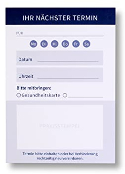 Terminblock für Ärzte | 5 x 100 Blatt geblockt | DIN A7 | ein Termin pro Terminzettel | Farbe: blau | mit Stempelfeld