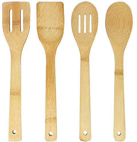 Joeji's Kitchen 4 Utensilios de cocina de madera de bambú Utensilios de cocina madera para cocinar 4 utensilios de bambú resistentes y elegantes Cuchara de Madera Espátula de bambú cuchara ranurada