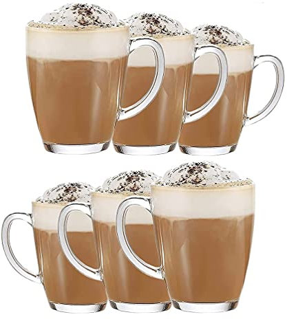 TOPUPDRINK Latte Glasses, Coffee Mugs Set of 6, Hot Chocolate Mugs, Latte Glasses Dolce Gusto, Tea Cup Sets of 6, Glass Coffee Cups, Cappuccino Cups Set - 350ML