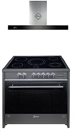 GURARI Herdset Elektro-Standherd GCH E 912 BL + GCH F 462 IS 9 PRIME, Backofen Set 90 cm, Schwarz, Range Coocker, 121 L+Dunstabzugshaube, Deckenhaube 120 cm 1000m³/h, Schwarz Glas Panel