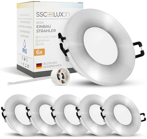 SSC-LUXon BEDA Bad Einbaustrahler 6x rund Alu IP65 für GU10 | Sechs Bad-Deckenspots rund silber gebürstet für Bad, Dusche & außen - wasserdicht IP65, GU10 Fassung (ohne Leuchtmittel)